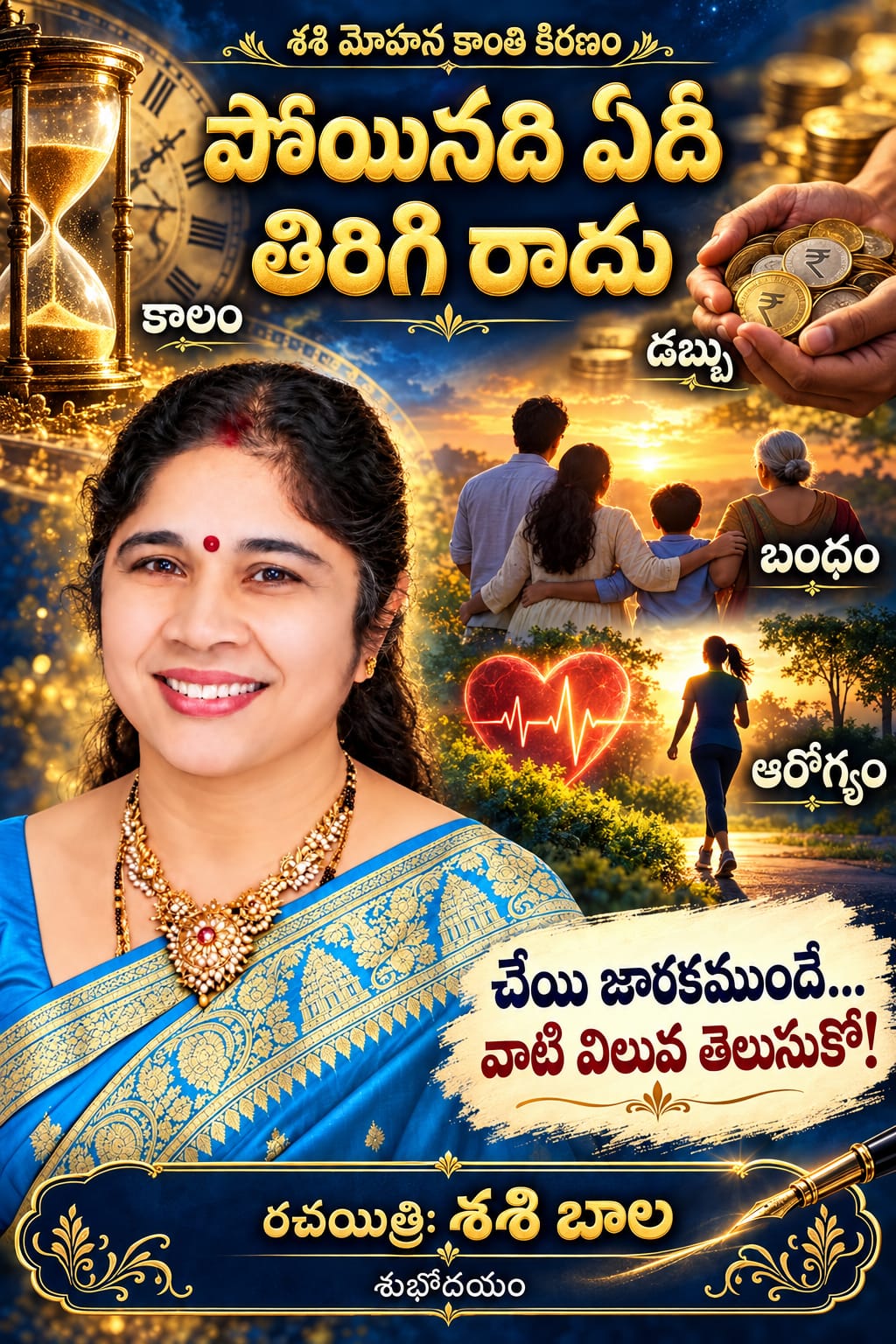 "పోయినది ఏది తిరిగి రాదు" " విలువ కరిగిపోయిన తరువాత కాలం విలువ తరిగిపోయిన తరువాత డబ్బు విలువ తెగిపోయిన తరువాత బంధం విలువ పోగొట్టుకున్న తరువాత ఆరోగ్యం విలువ.... ఏది తిరిగి రాదు."